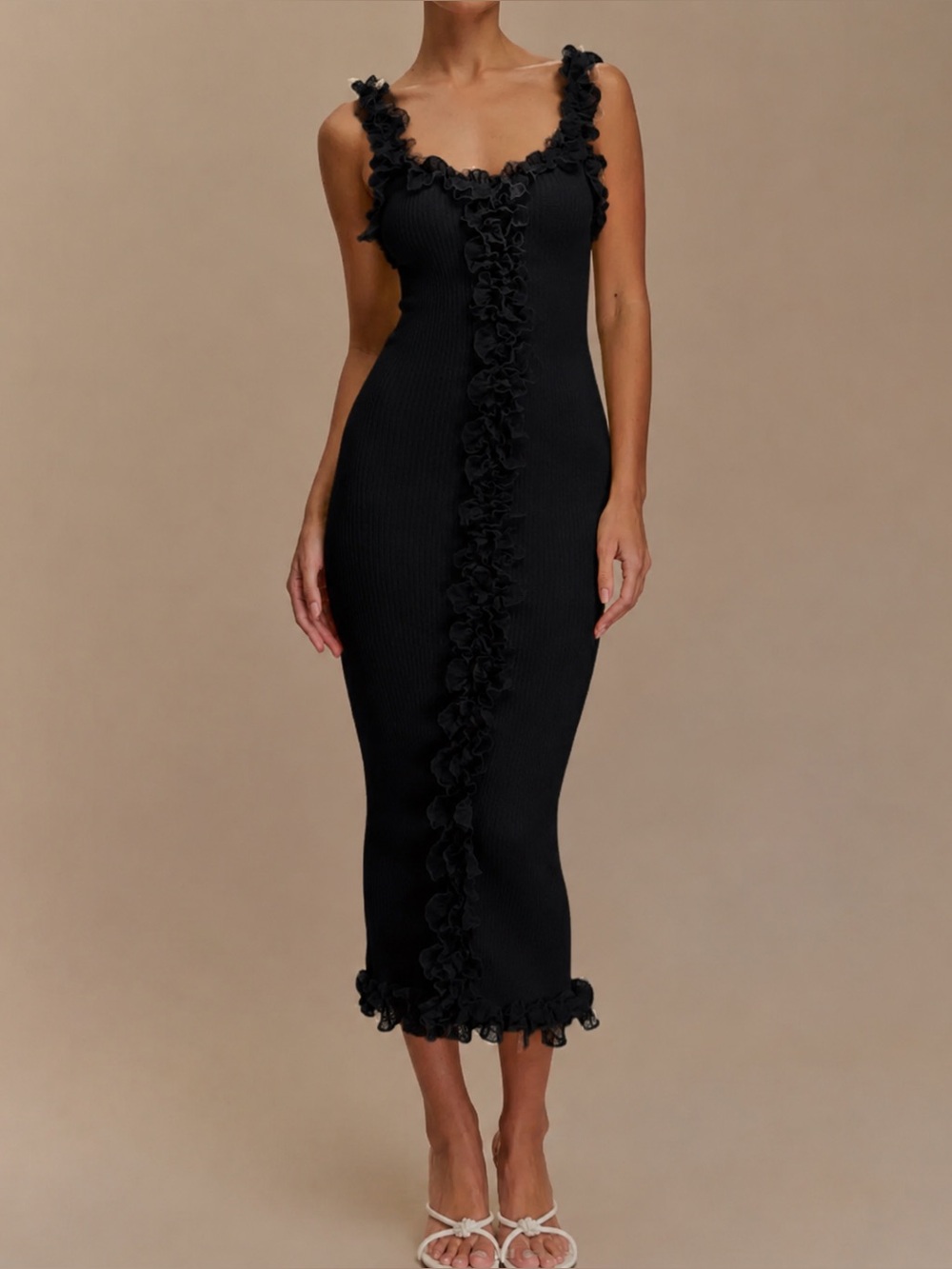 MESHKI Shay Lace Ruffle Knit Maxi Dress — Black